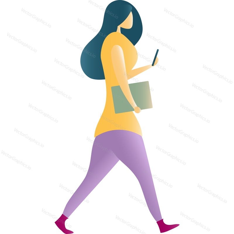 Woman walking holding smartphone vector icon. Digital gadget addiction concept. Young girl isolated on white background