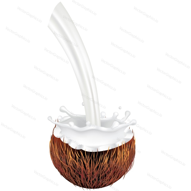 Pouring milk flow into freshly cracked coconut realistic vector icon. Design element for sweet products isolated on white background