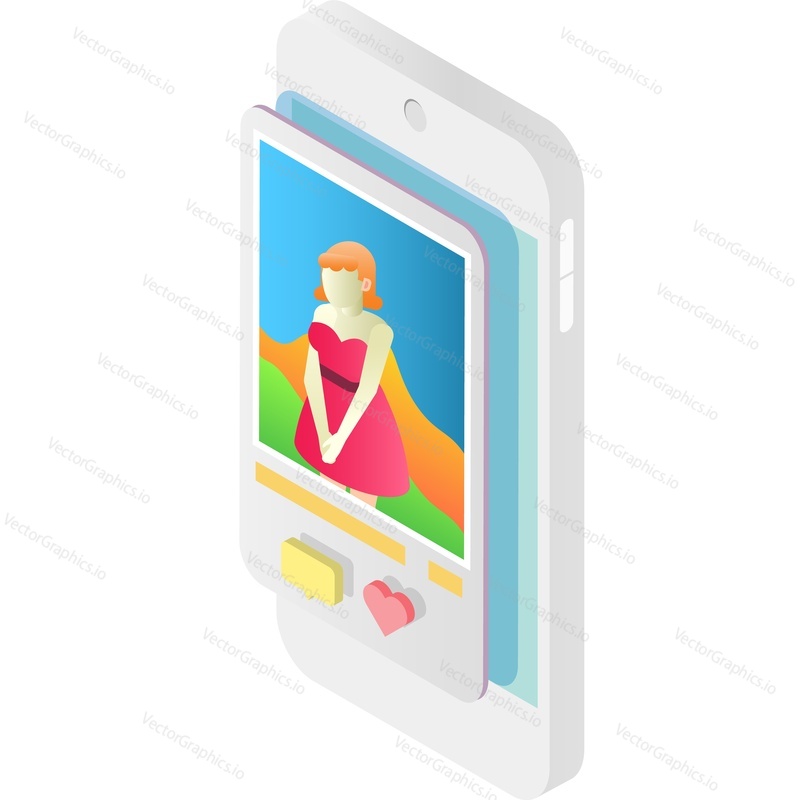 Online love dating vector. Chat mobile app icon. Smartphone with female profile on screen isolated on white background