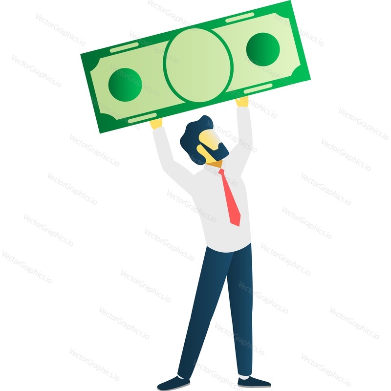 Man holding money cash in hand vector icon. Business person with dollar isolated on white background. Happy businessman getting salary or lottery prize reward