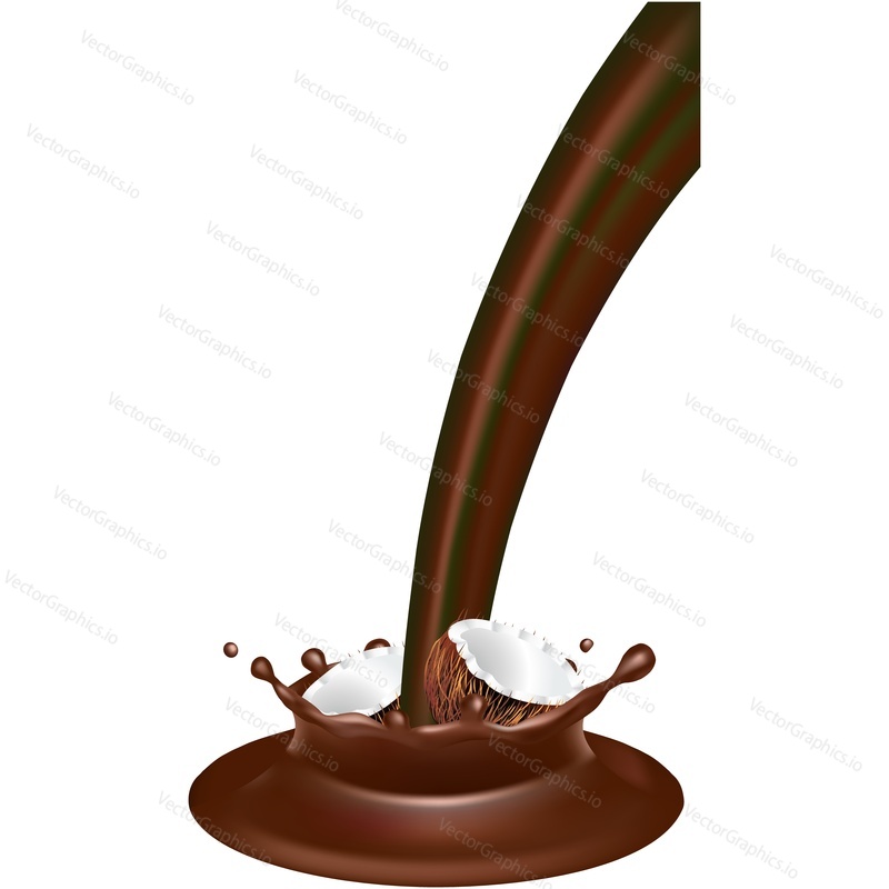 Cracked coconut and pouring melted chocolate realistic vector icon. Design element for sweet products isolated on white background