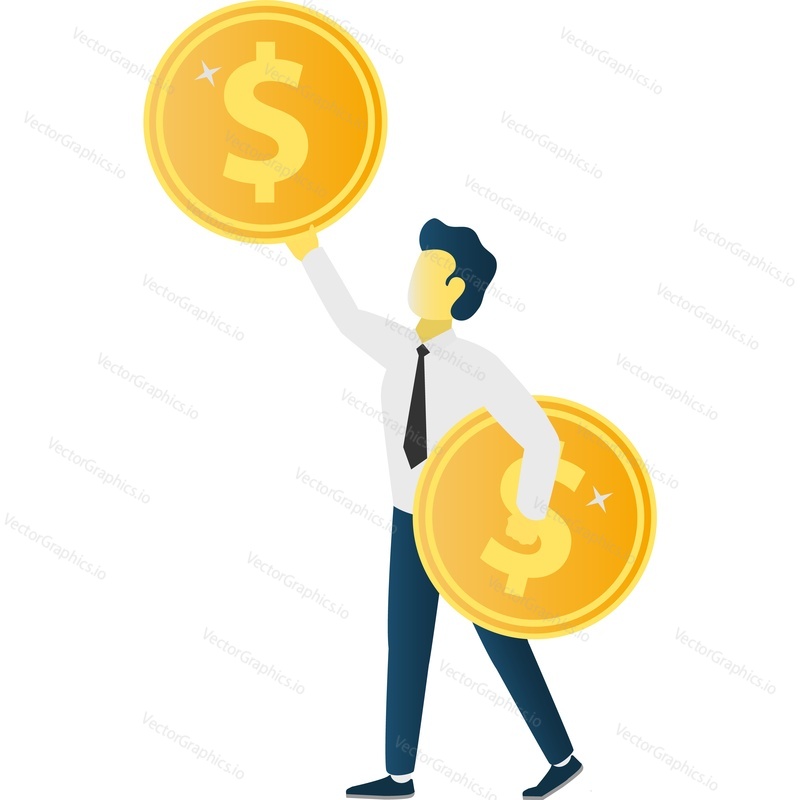 Man holding money coin in hand vector icon. Business person with dollar isolated on white background. Happy businessman donating cash, getting salary or lottery prize reward