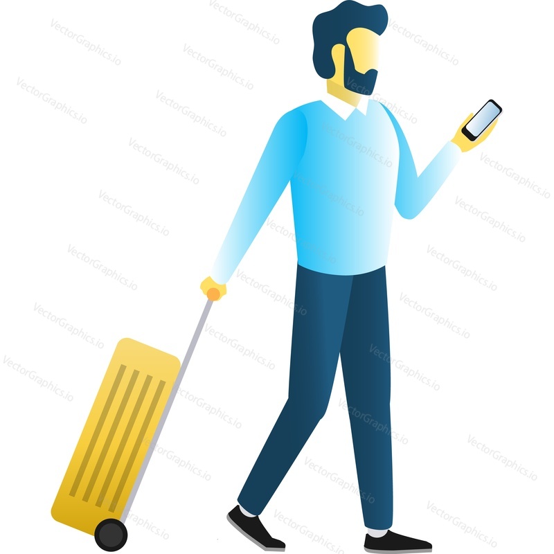 Man travelling with luggage using mobile phone icon vector. Searching place of destination, booking hotel or taxi isolated on white background