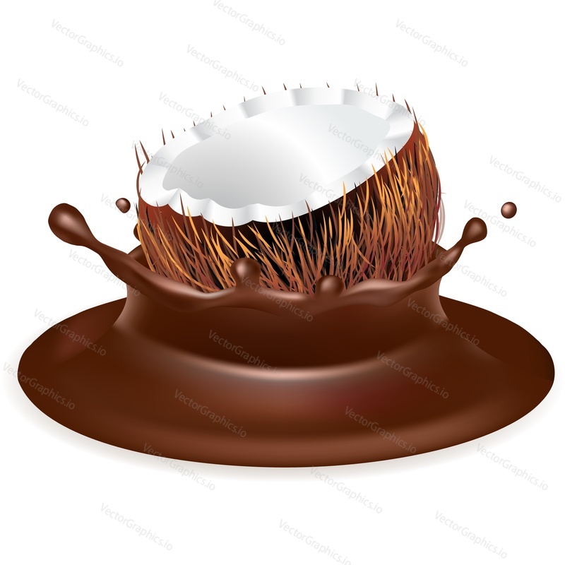 Fresh coconut and splashes of liquid chocolate vector icon. Realistic design element for sweet products isolated on white background