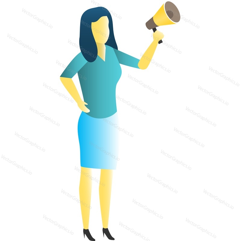 Woman speak in megaphone vector. Female person standing with loudspeaker icon. Young business lady with bullhorn isolated on white background