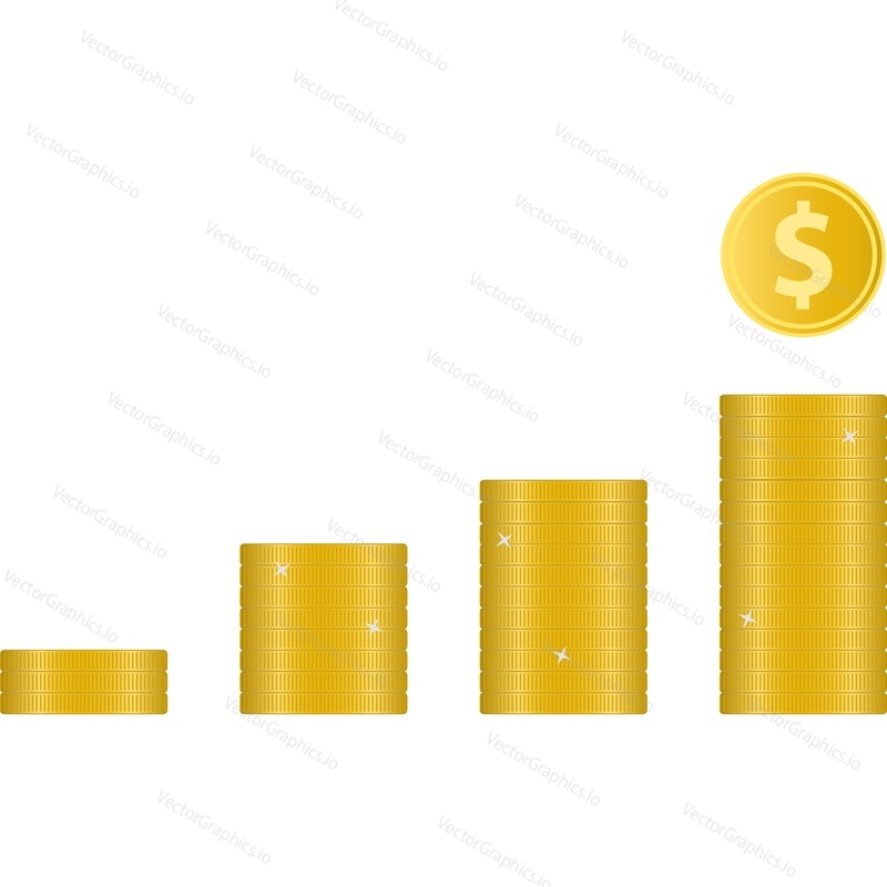 Coin bar graph vector. Gold chart stack icon. Dollar money growth stock graphic 3d isolated on white background