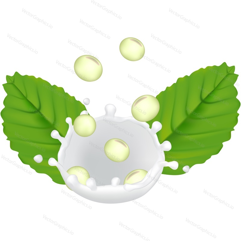 Soy milk icon. Soybeans, splash and leaves realistic design element. Package template isolated on white background