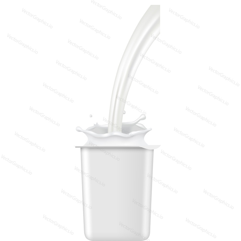 Pouring drink yogurt splash vector. Pack mockup icon. Blank package container template isolated on white background. Branding and packaging realistic design