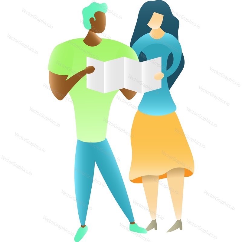 People travel vector. Man and woman couple tourist standing together reading paper map icon isolated on white background