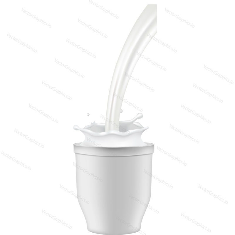 Vector realistic plastic yogurt package icon. Blank container template with dairy product splashing flow isolated on white background