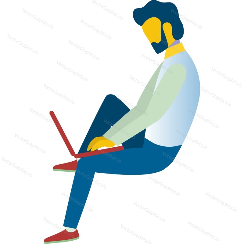 Man working laptop computer from home vector icon. Male character, business person, office employee isolated on white background