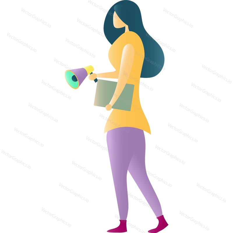 Woman with megaphone vector icon. Businesswoman walking holding loudspeaker and portable digital laptop tablet isolated on white background