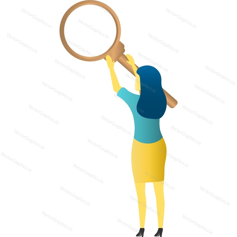 Business woman holding magnifying glass vector icon. Girl doing research looking for information using loupe isolated on white background