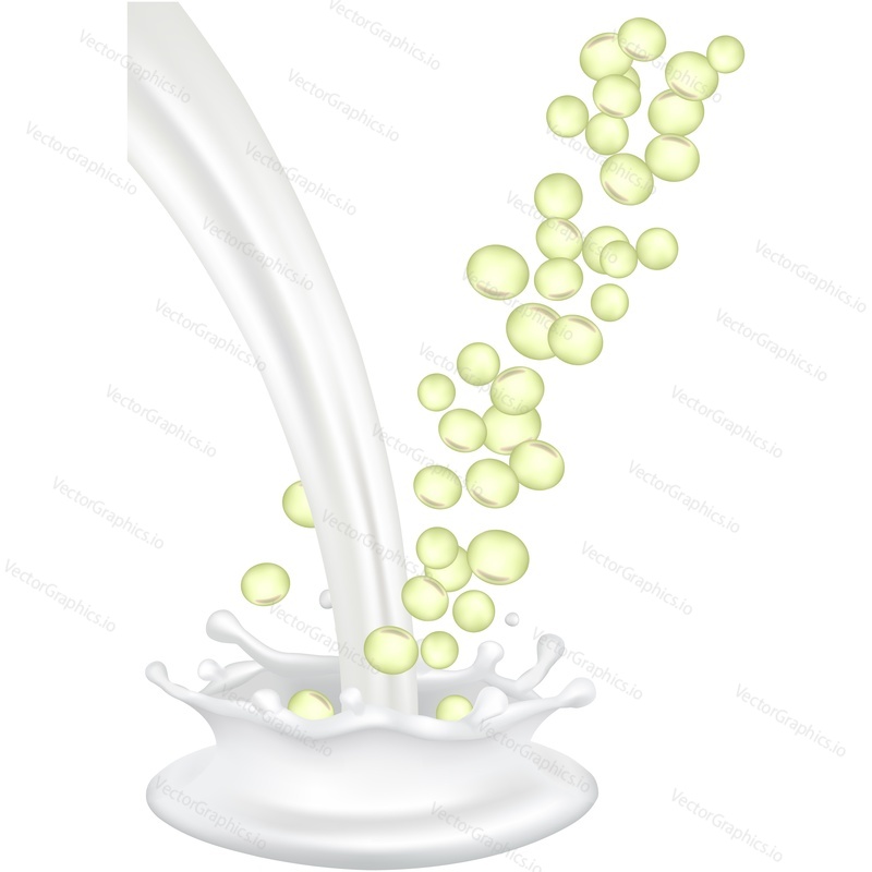 Soy milk splash pouring and soybeans falling down vector icon for package design